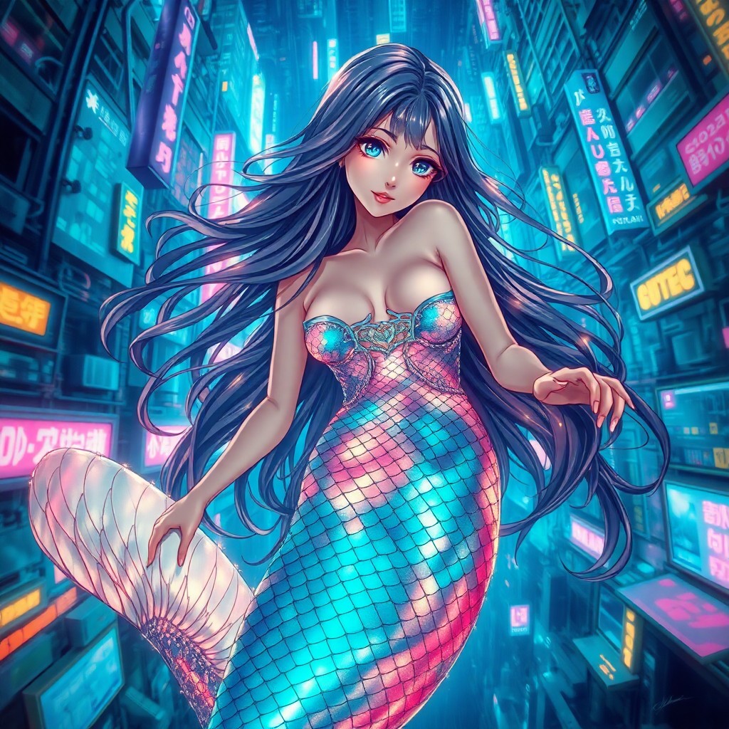 AI generated art for prompt: Craft an enchanting portrait of a cyberpunk mermaid with shimmering scales reflecting the neon light