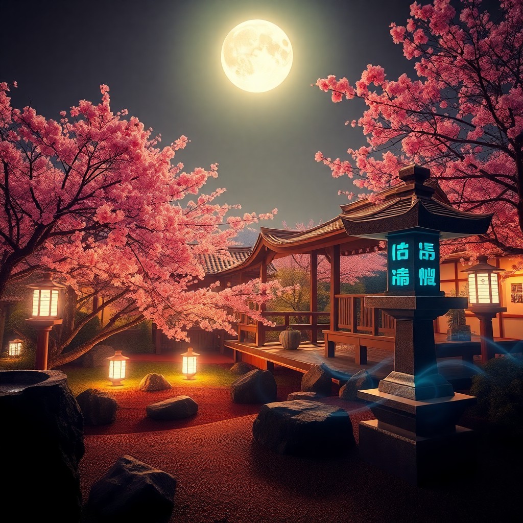 AI generated art for prompt: Craft an image depicting a tranquil Japanese Zen garden under the full moon's illumination, with che