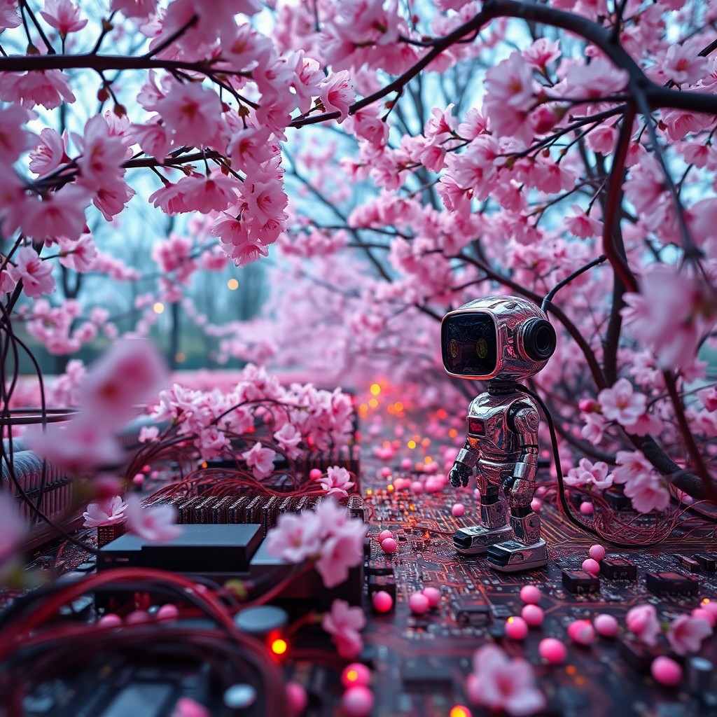 AI generated art for prompt: Craft an image depicting a serene garden where cherry blossoms bloom alongside intricate computer ci