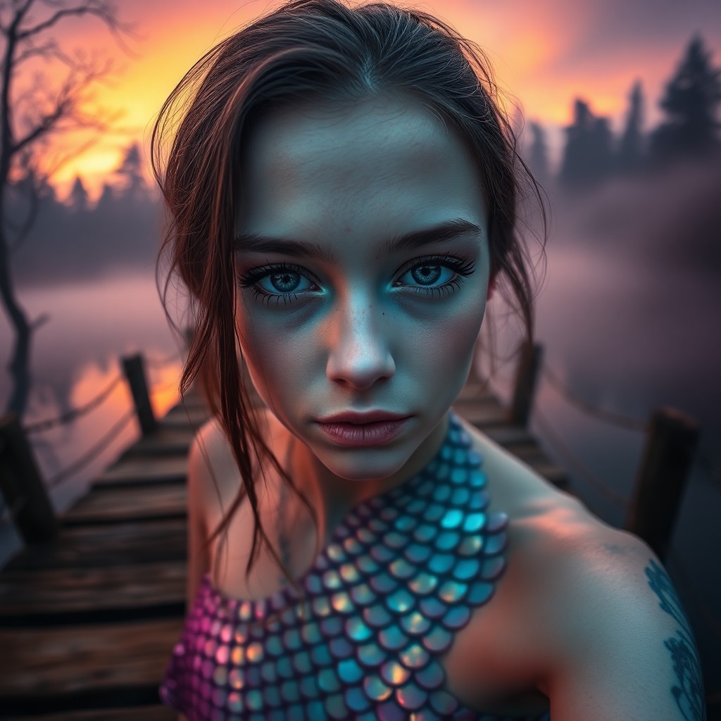 AI generated art for prompt: A surreal portrait depicts a mermaid's enigmatic gaze from an intimate perspective, as if seen throu