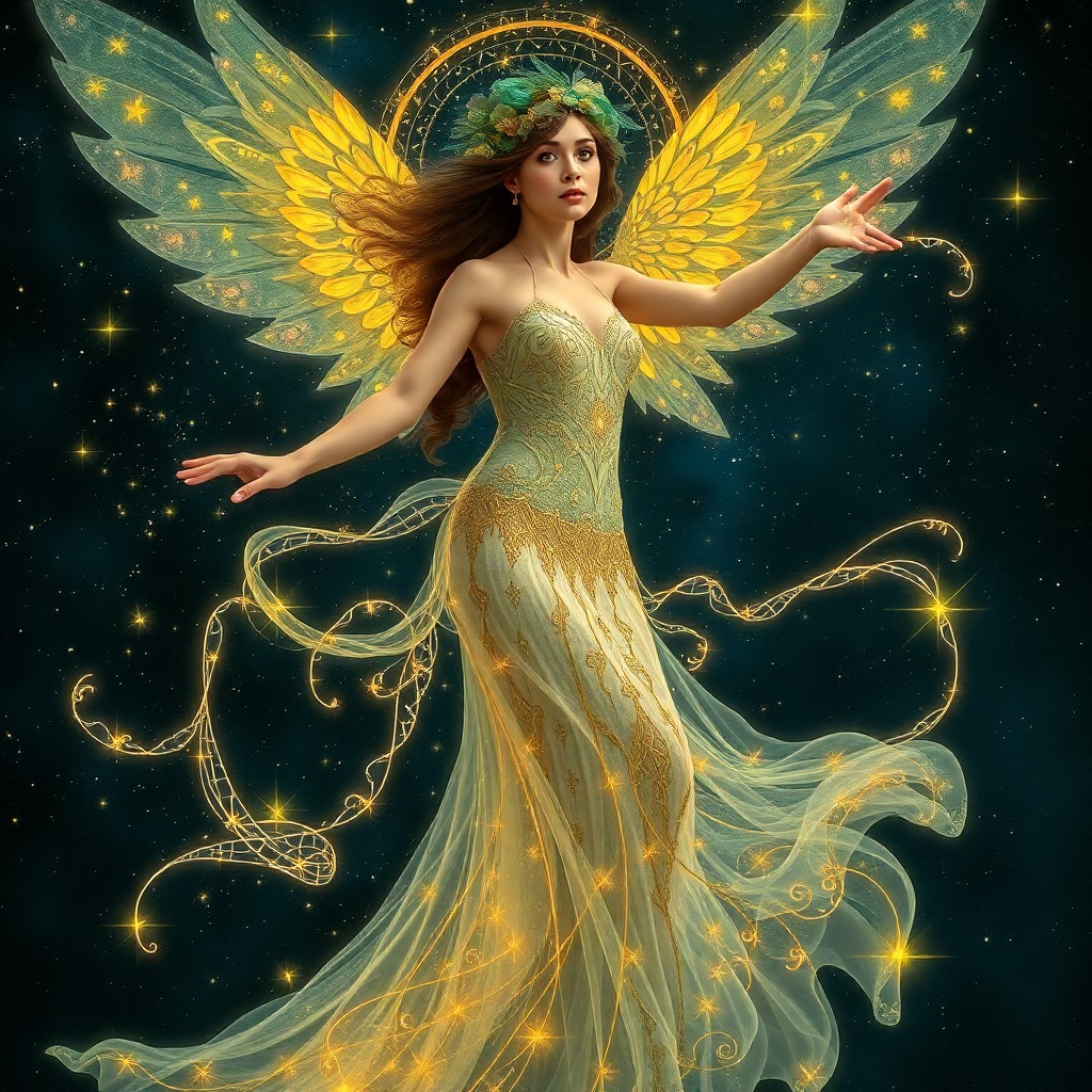 AI generated art for prompt: Craft an image in the enchanting Art Nouveau style, depicting a celestial nymph with ethereal grace.