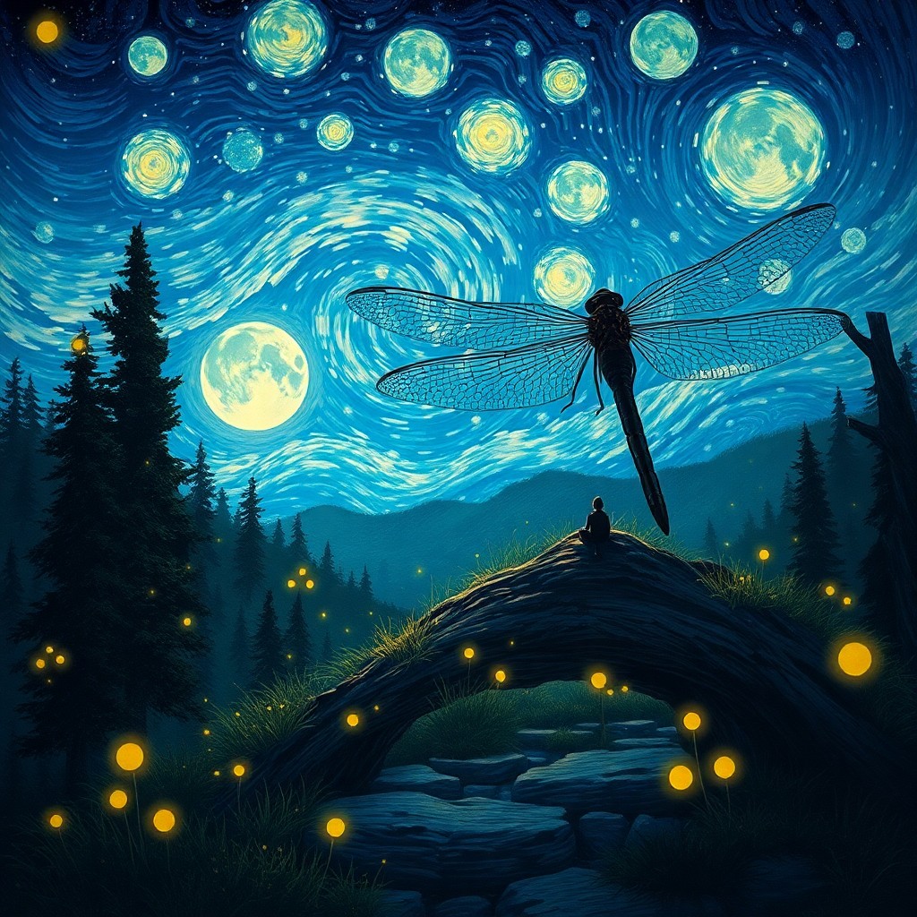 AI generated art for prompt: Craft an image depicting a tranquil moonlit forest scene from a dragonfly's perspective, showcasing 