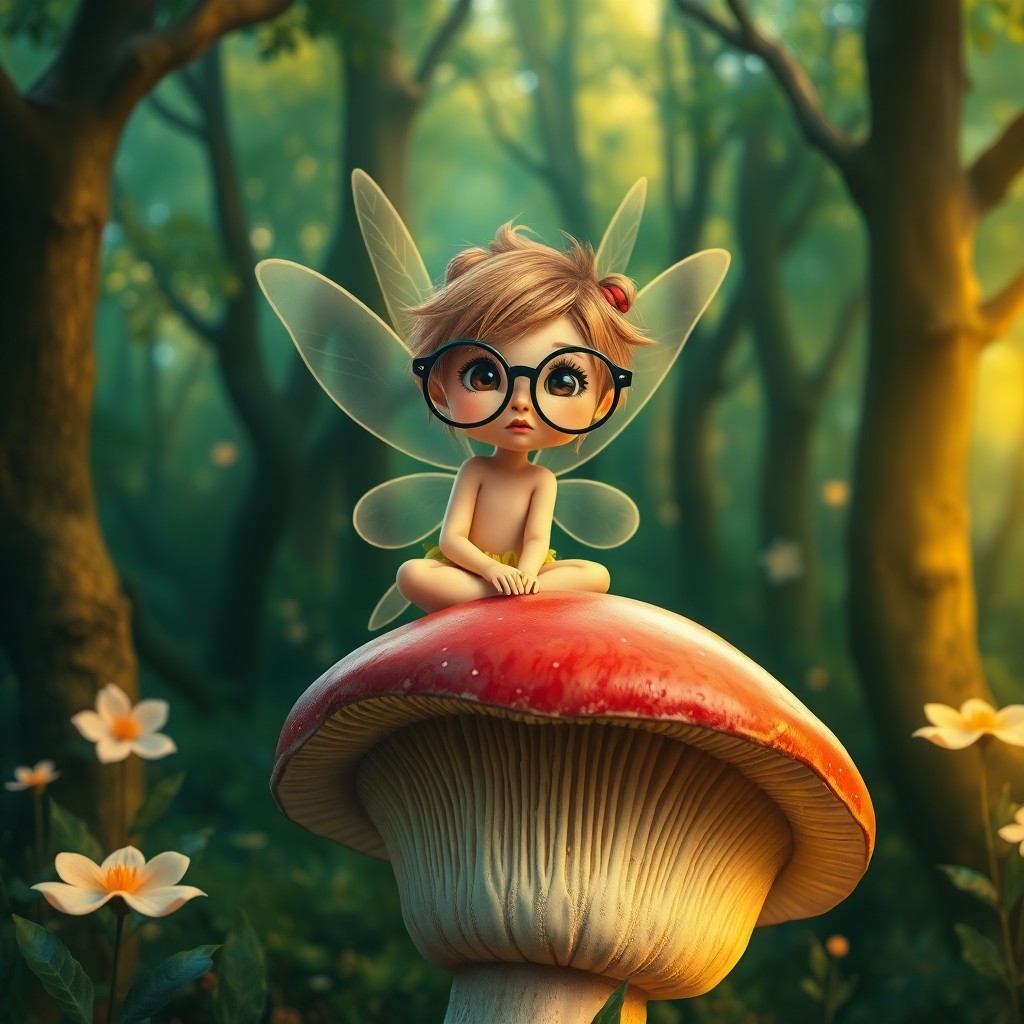 AI generated art for prompt: Craft an enchanting digital art portrait featuring a whimsical fairy sitting atop a colossal mushroo