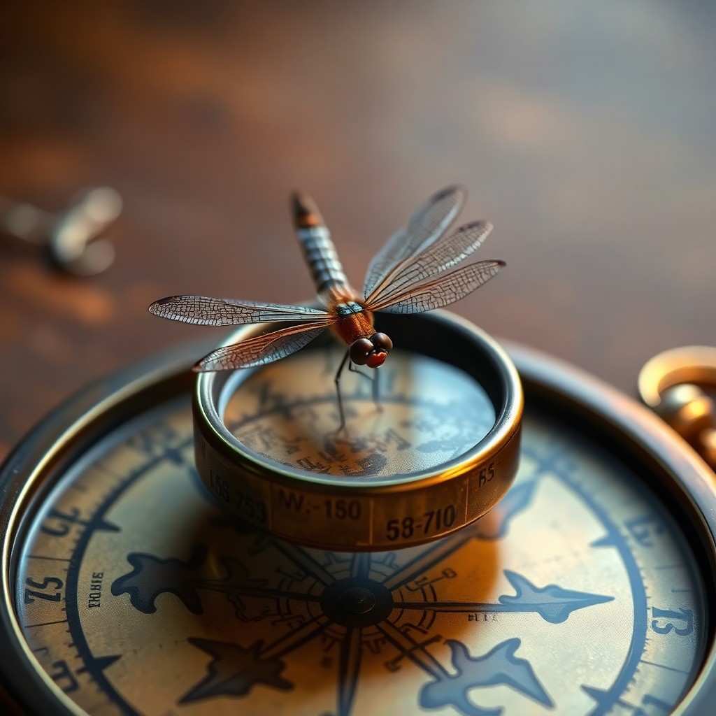 AI generated art for prompt: Envision a Victorian-era inspired illustration where a minuscule dragonfly rests upon an antique com