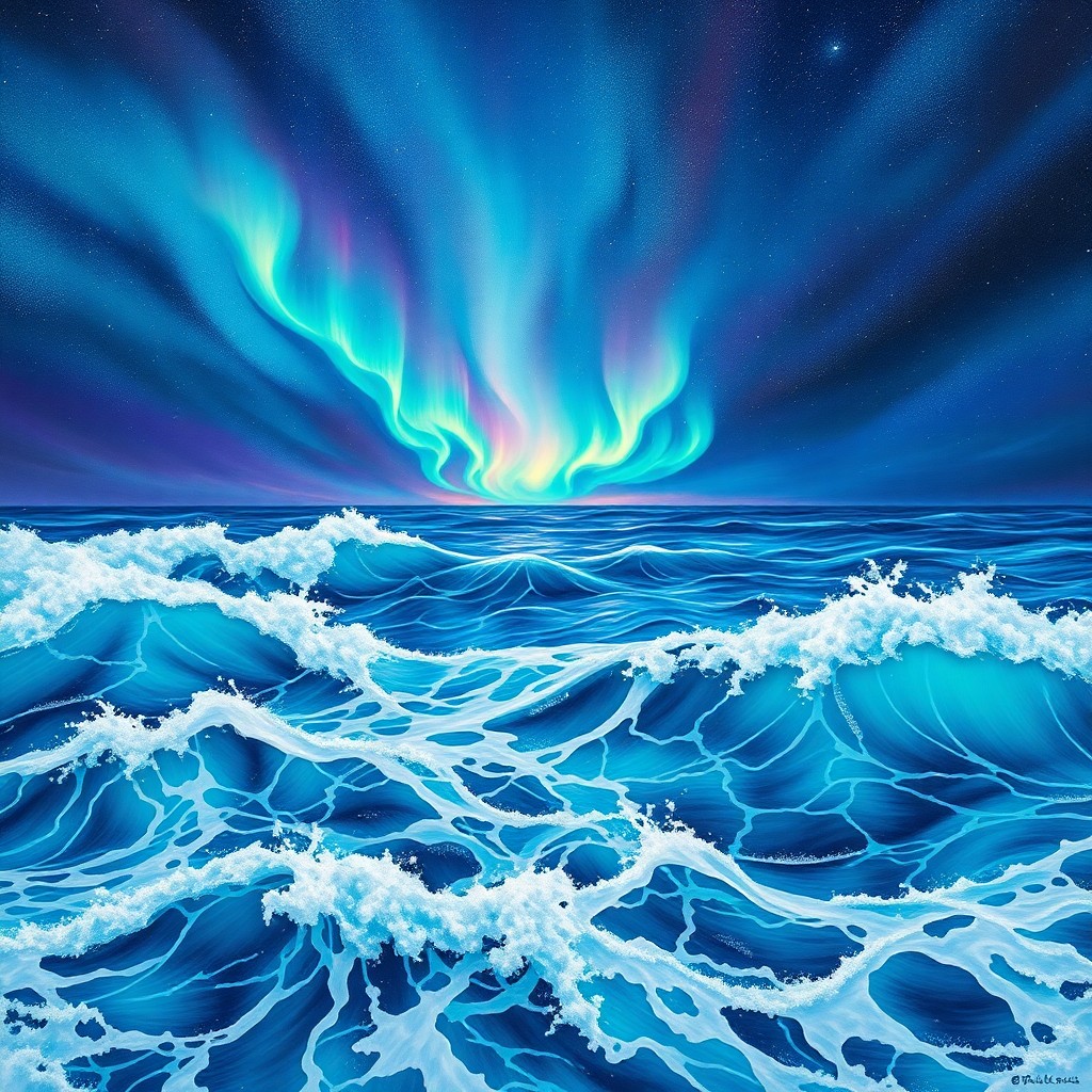 AI generated art for prompt: A mesmerizing seascape unfolds with turbulent turquoise waves crashing against a starlit sky, where 