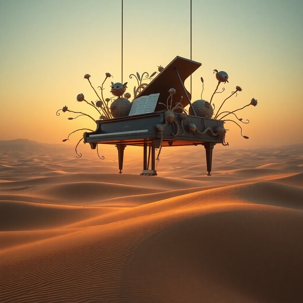 AI generated art for prompt: In the surrealistic style of an iconic dreamscaper, envision a grand piano suspended above a mystify