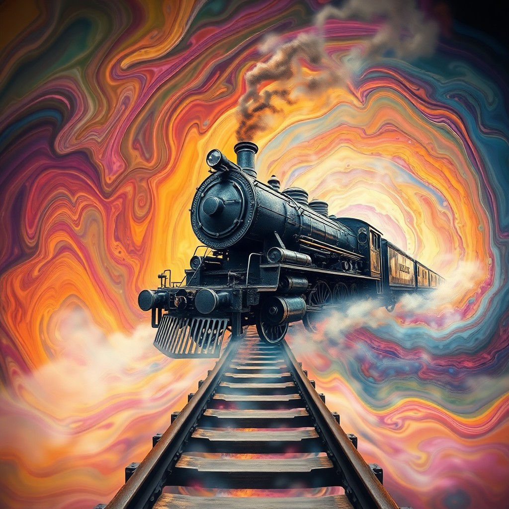 AI generated art for prompt: Imagine a surreal digital artwork where an antique steam locomotive rises from a vivid, spiraling ma