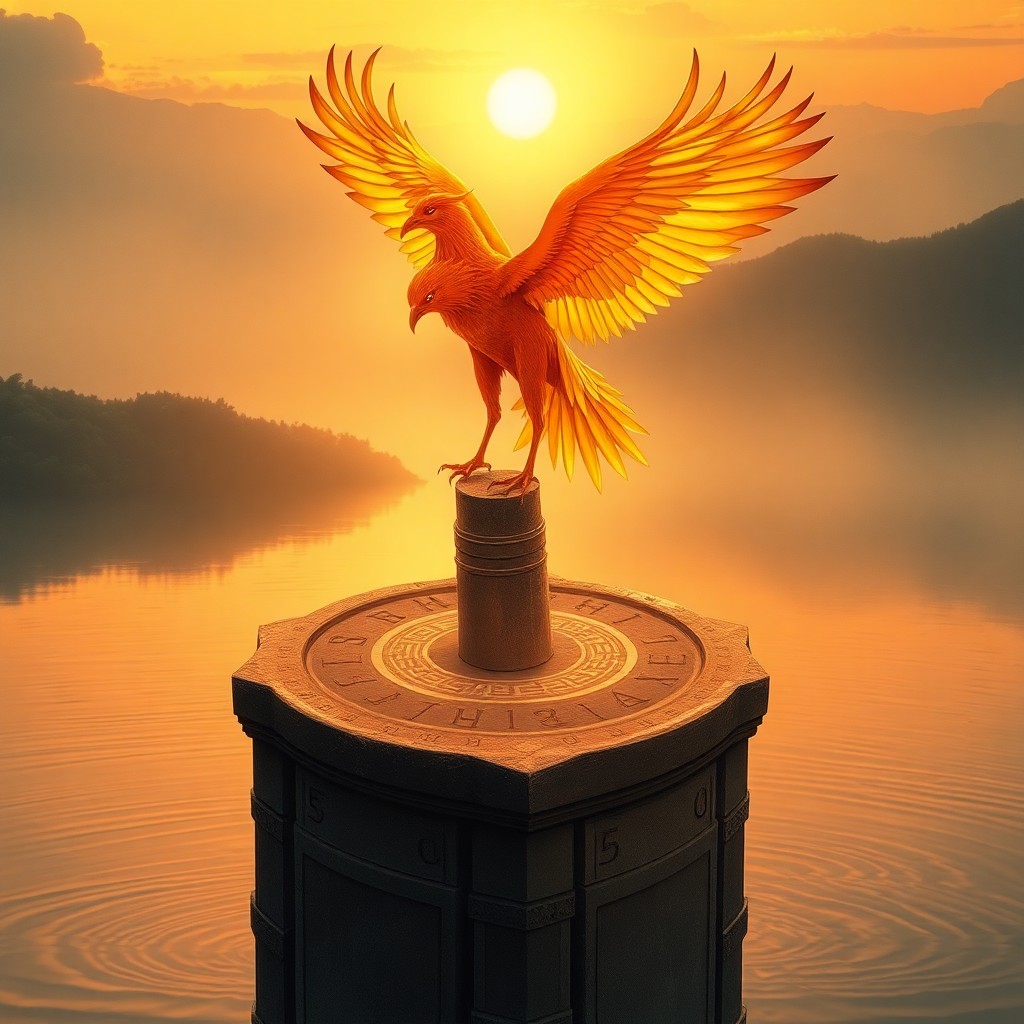 AI generated art for prompt: A regal phoenix with sunset-hued plumage gracefully lands on an ancient stone pedestal etched with m