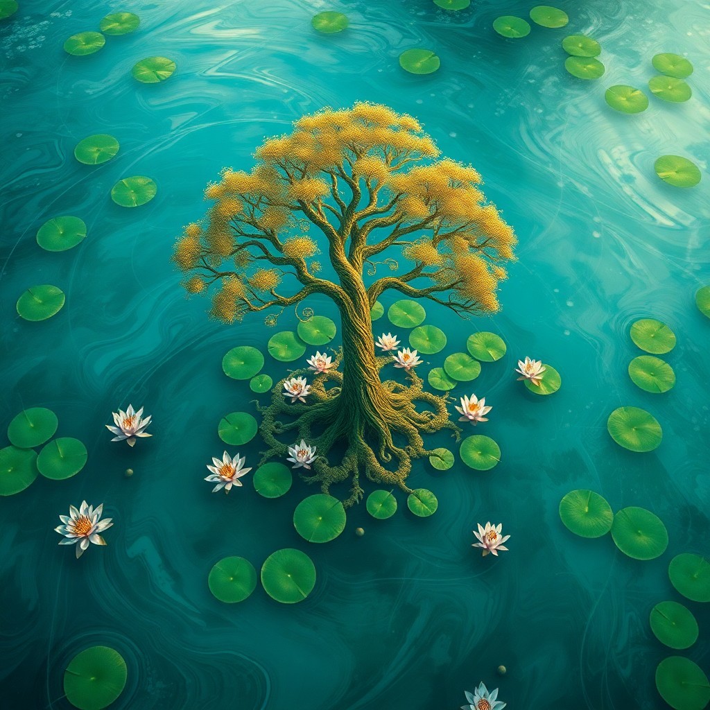 AI generated art for prompt: Envision an enchanting digital art composition portraying a tranquil water garden, skillfully mergin