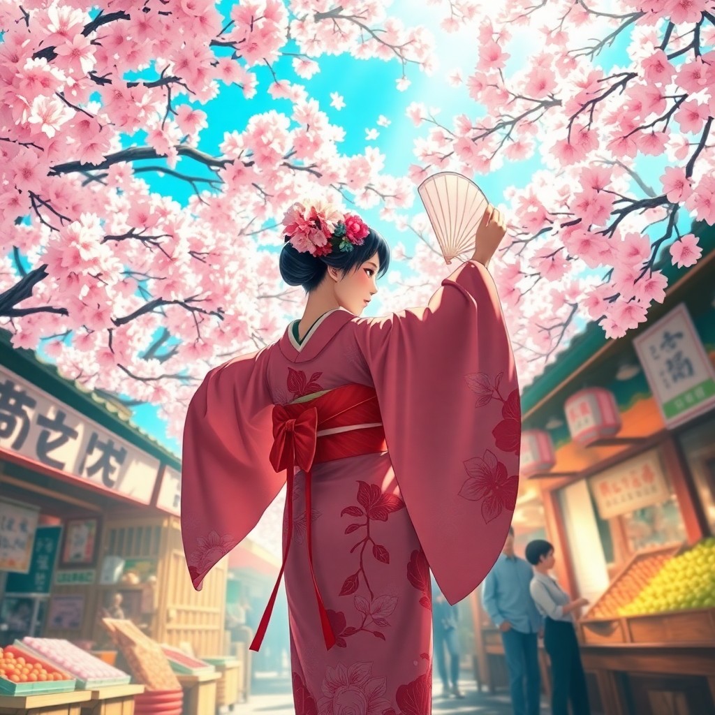 AI generated art for prompt: In the vibrant heart of a Japanese market, cherry blossoms create an enchanting canopy as sunlight f