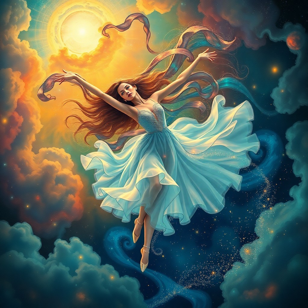 AI generated art for prompt: An enchanting portrait of an celestial dancer in motion, captured from an unconventional aerial view