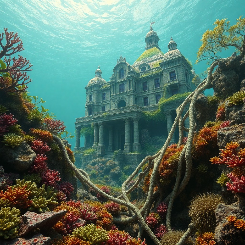 AI generated art for prompt: Craft an intricate photorealistic image showcasing a surreal underwater landscape where an old coral