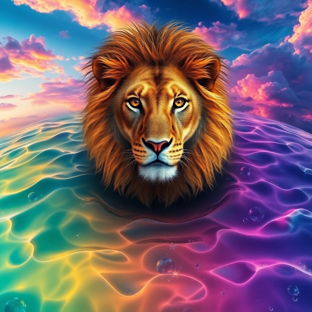 AI generated art for prompt: Imagine a surreal landscape where a regal lion arises from a pool of gleaming, liquid time, its fur 