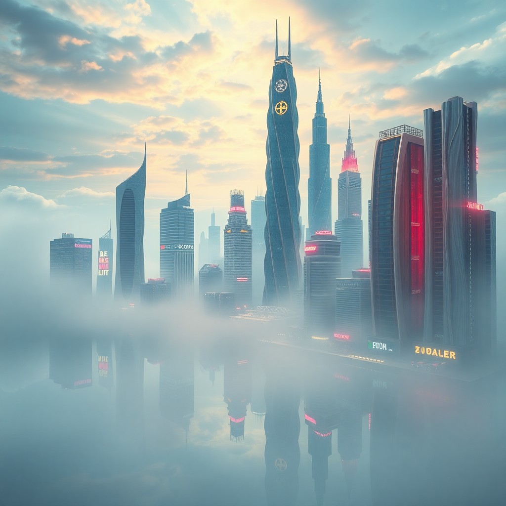 AI generated art for prompt: Imagine a surreal landscape featuring a dreamlike metropolis emerging from the mist, where futuristi