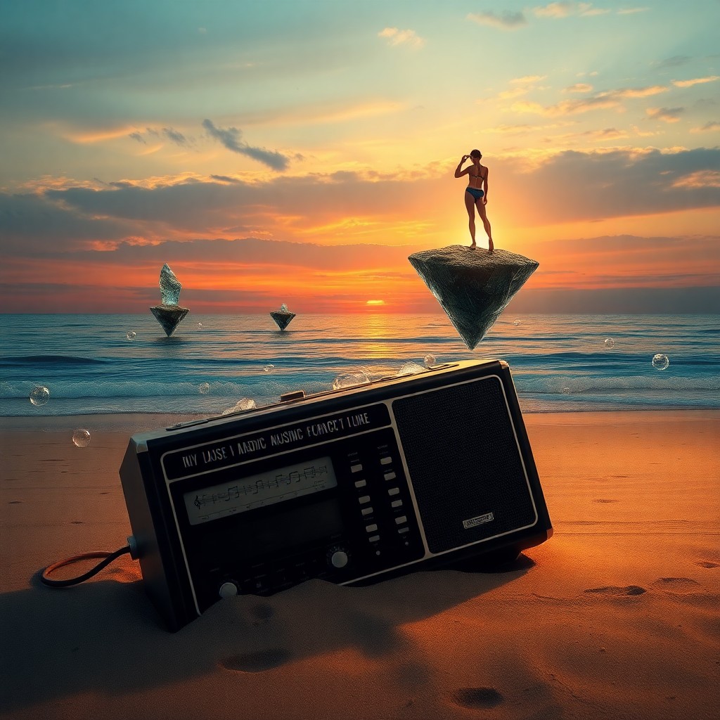 AI generated art for prompt: Imagine a surreal seascape where an enormous vintage radio lies partially submerged on a sandy shore