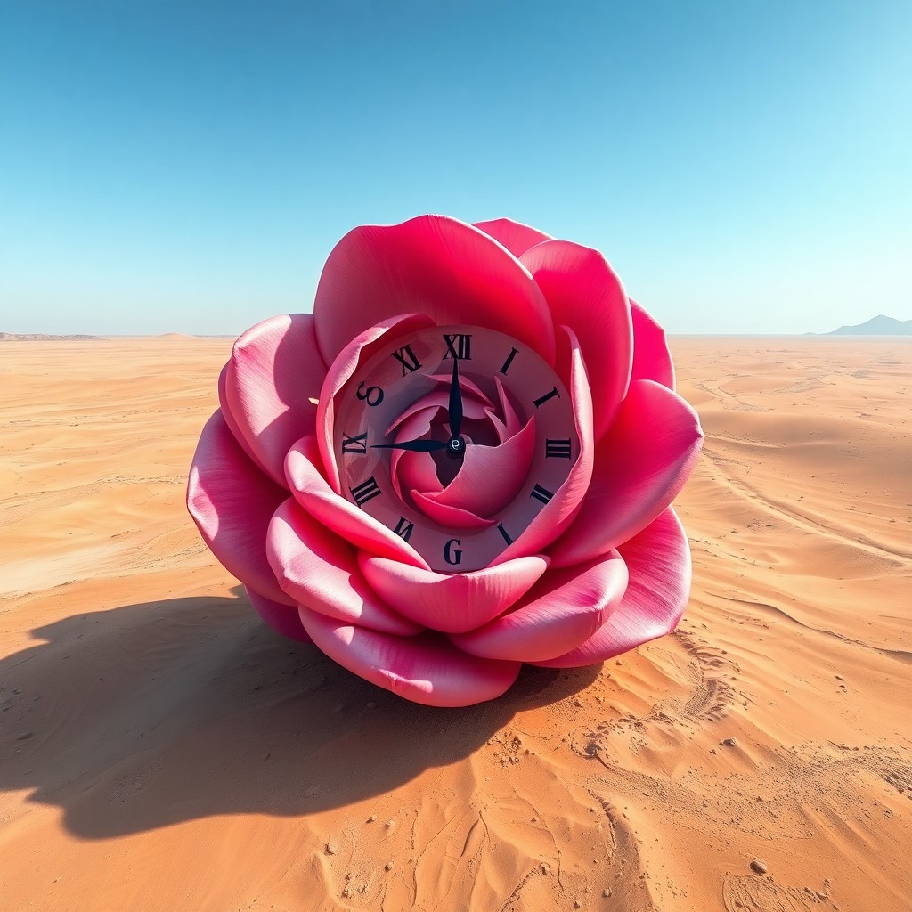 AI generated art for prompt: A dreamlike desert landscape featuring an enormous, twisting desert rose emerging from the vast expa