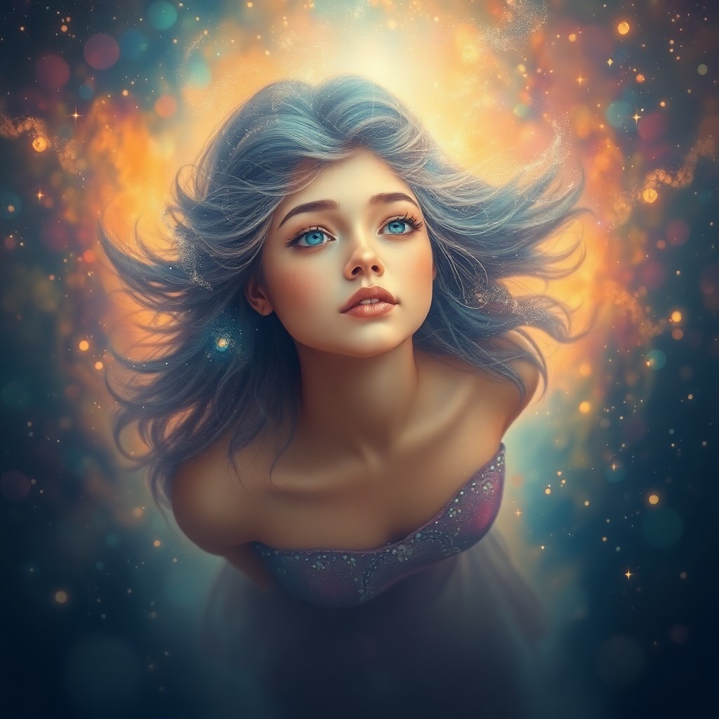 AI generated art for prompt: Imagine an enchanting portrait in the digital impressionistic style, portraying a celestial being wi