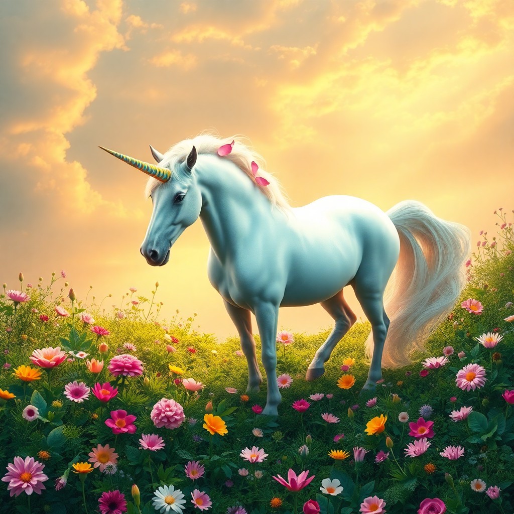 AI generated art for prompt: Craft an image depicting a fantastical scene where a majestic unicorn stands amid a vibrant flower g