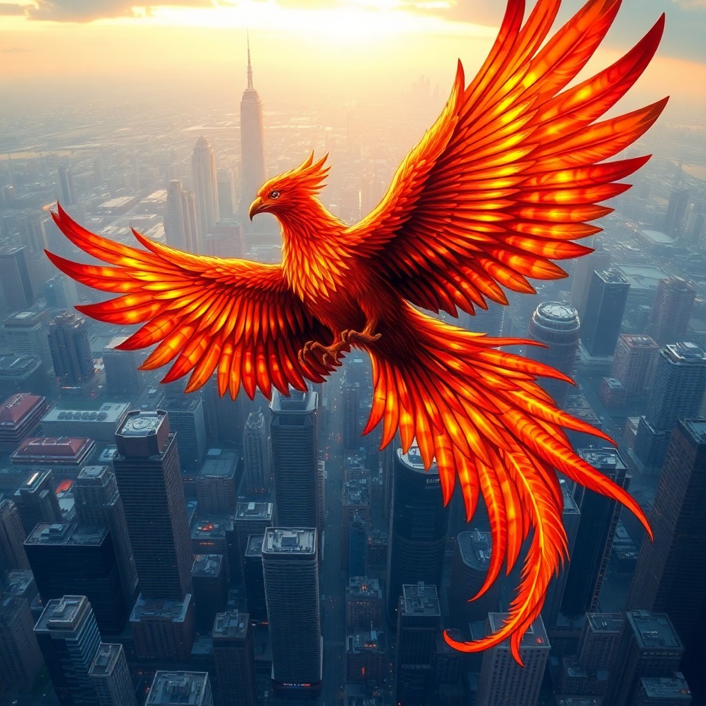 AI generated art for prompt: A majestic phoenix with fiery plumage reflecting sunset colors soars through a futuristic cityscape 