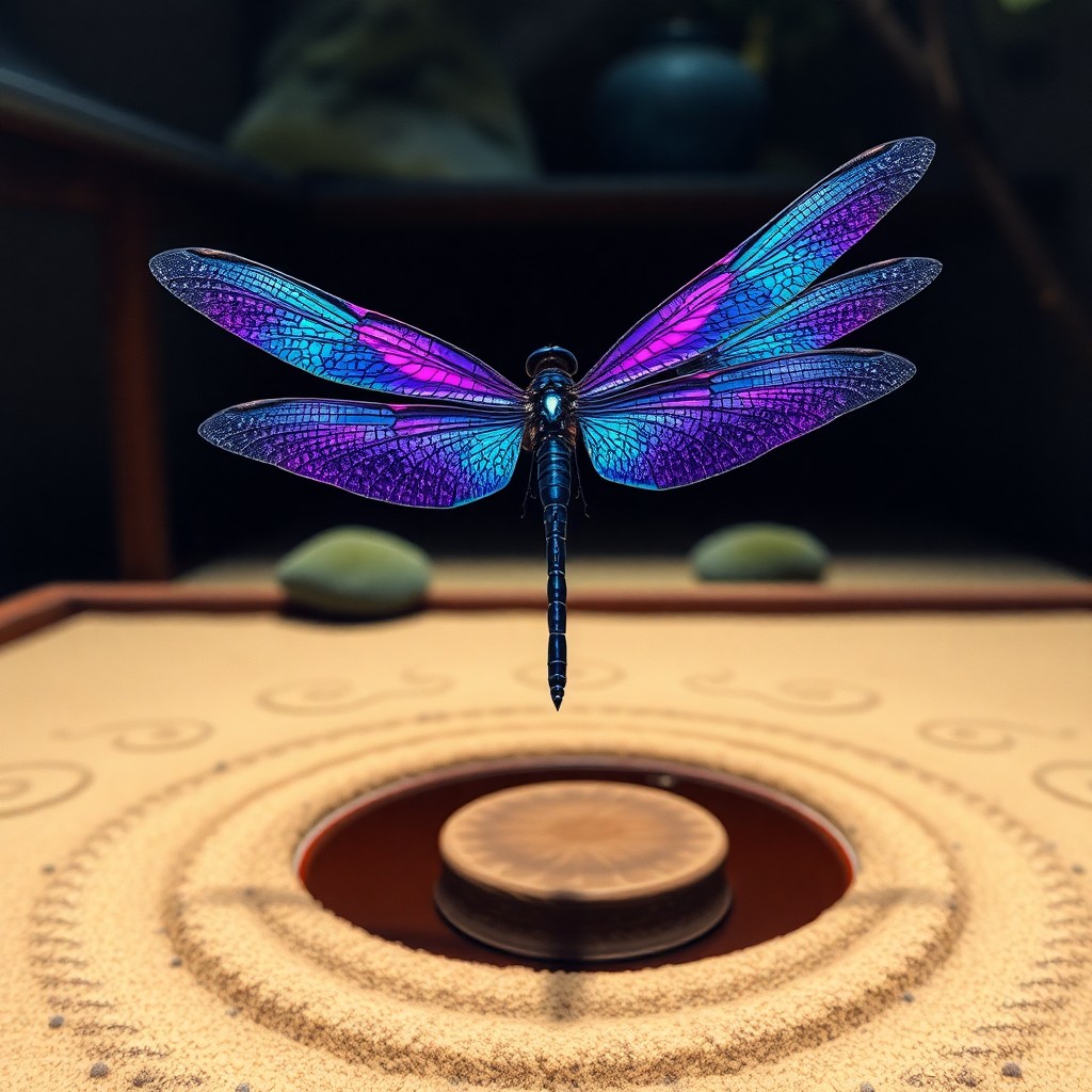 AI generated art for prompt: An iridescent dragonfly with wings that shimmer in deep purple and electric blue gracefully hovers a