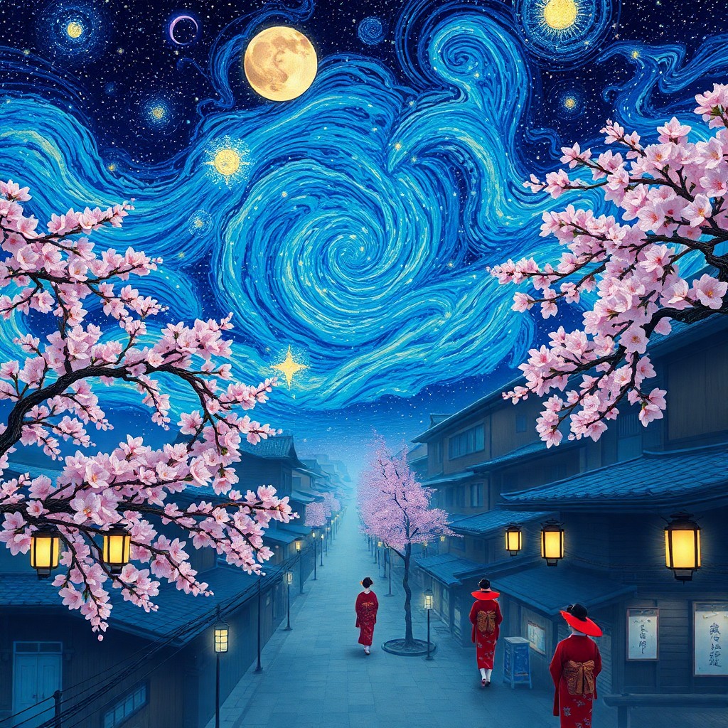 AI generated art for prompt: Craft an imaginative digital artwork that blends Van Gogh's swirling colors with Japanese ukiyo-e wo