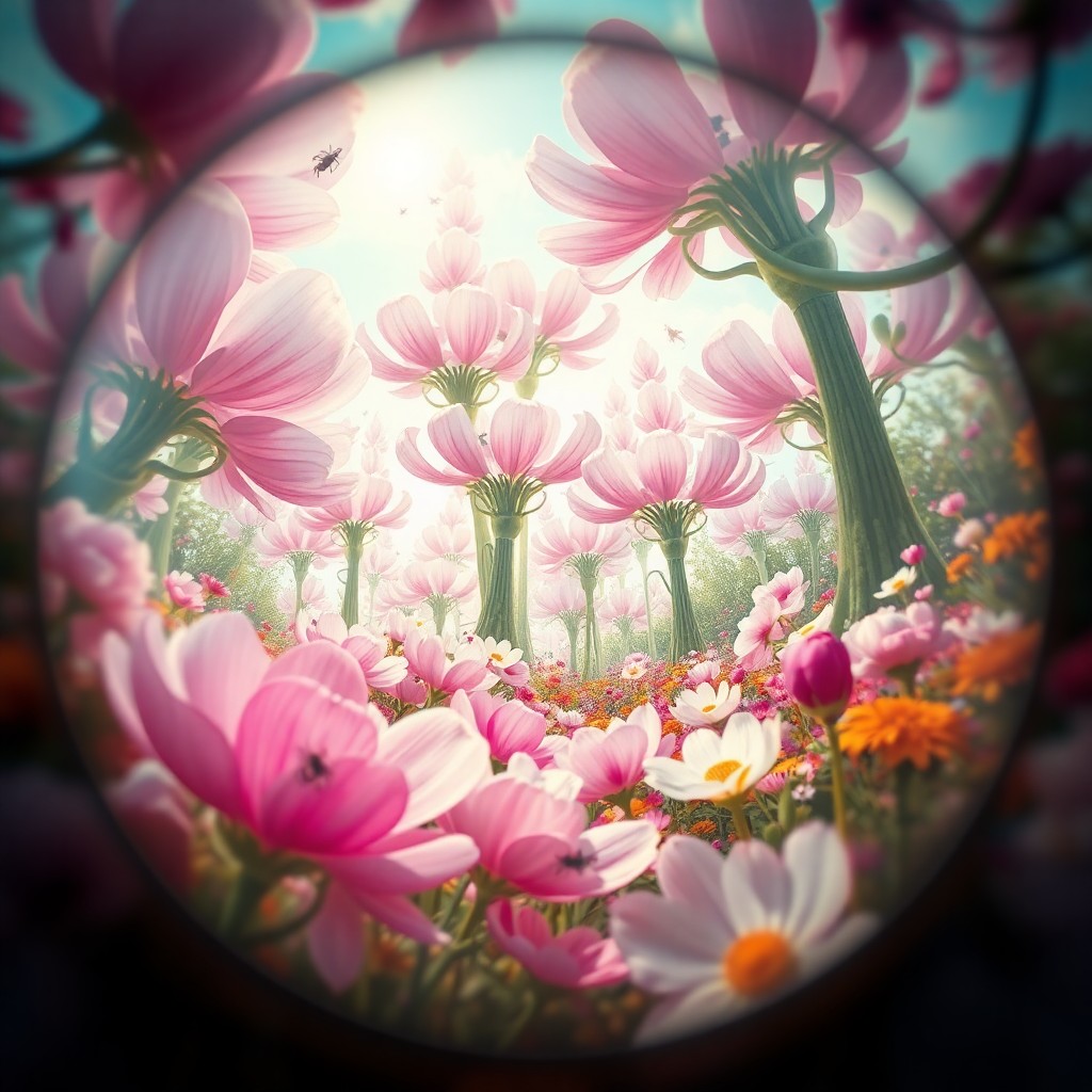 AI generated art for prompt: A dreamlike landscape depicting a tranquil garden in bloom from an insect's perspective under a magn