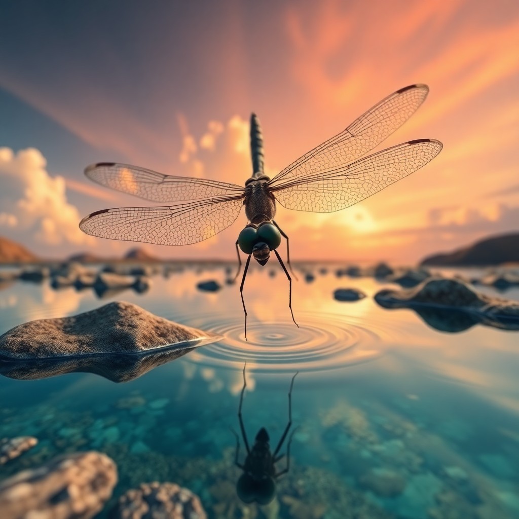 AI generated art for prompt: Create a surreal landscape where an enigmatic dragonfly takes center stage in an 'insect's-eye view'