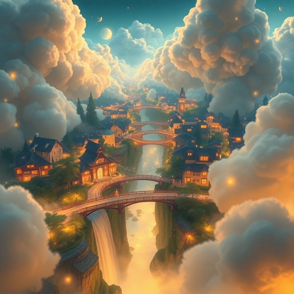 AI generated art for prompt: An aerial view of an enchanting cityscape floats gracefully through whimsical, cloud-like formations