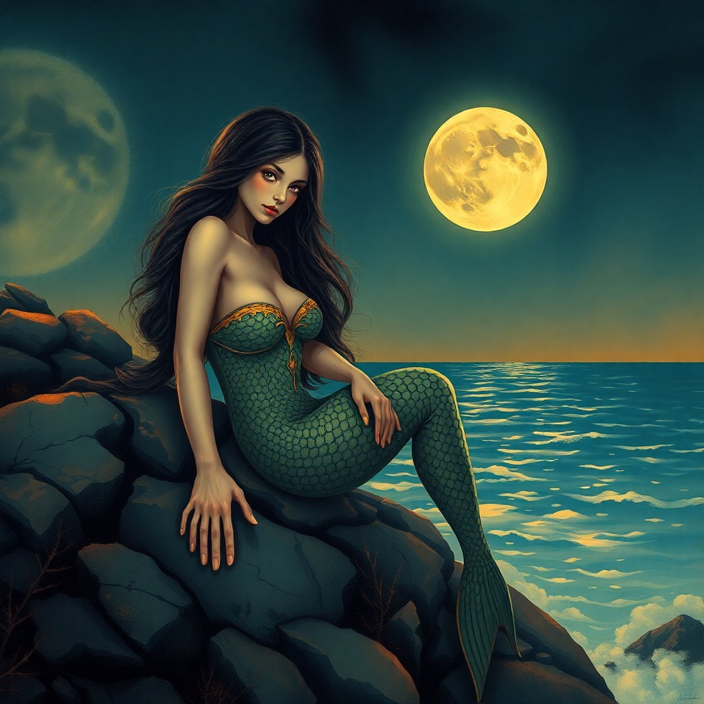 AI generated art for prompt: An alluring portrait of a mermaid elegantly resting on a craggy coastline at twilight, this captivat