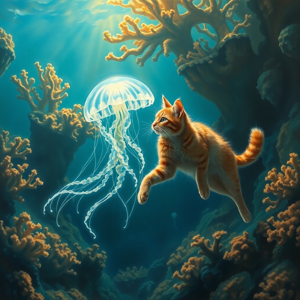 AI generated art for prompt: In the surrealistic dreamlike style, create an oil painting depicting a whimsical encounter between 