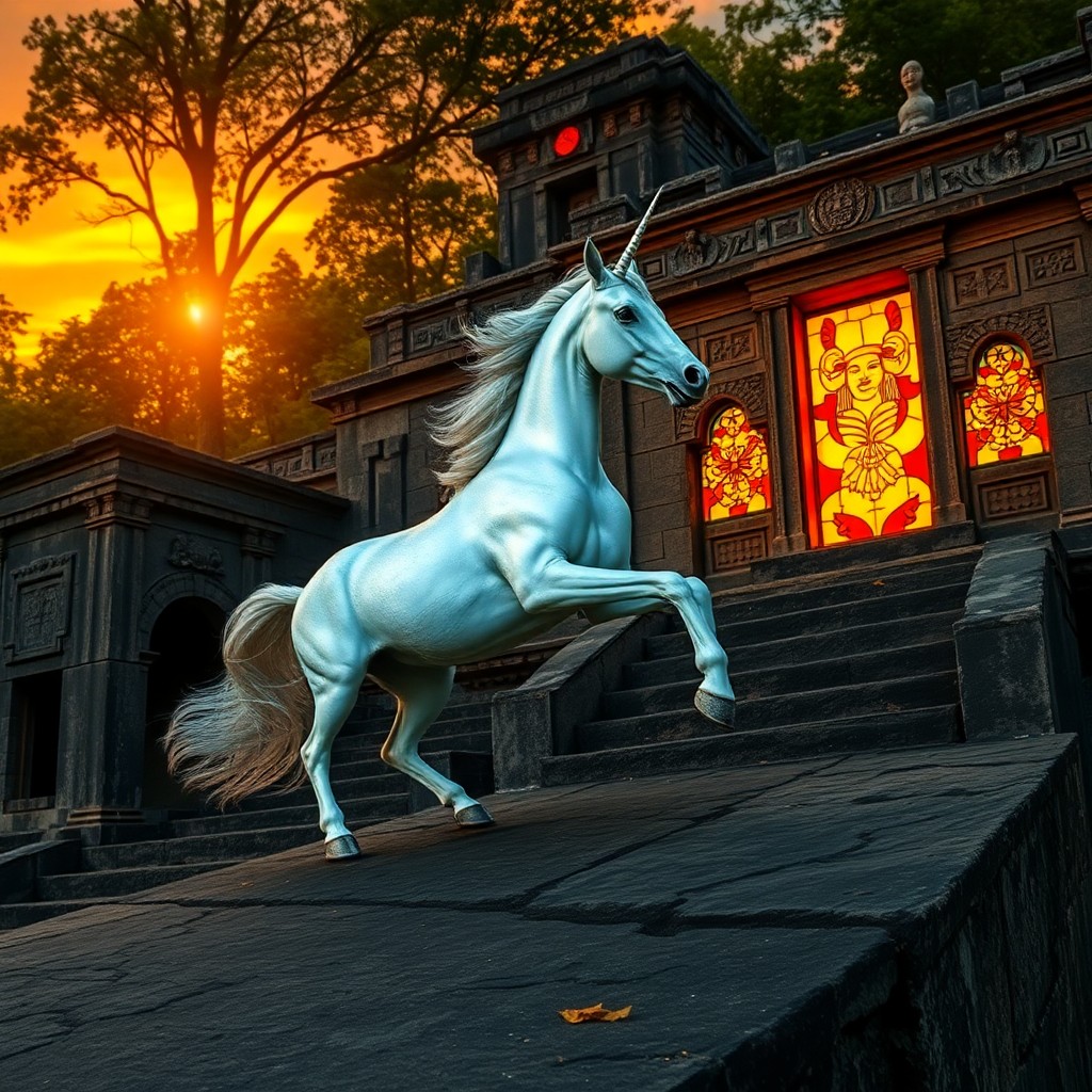 AI generated art for prompt: An ethereal depiction of a regal unicorn gracefully prancing across ancient Mayan temple ruins at du