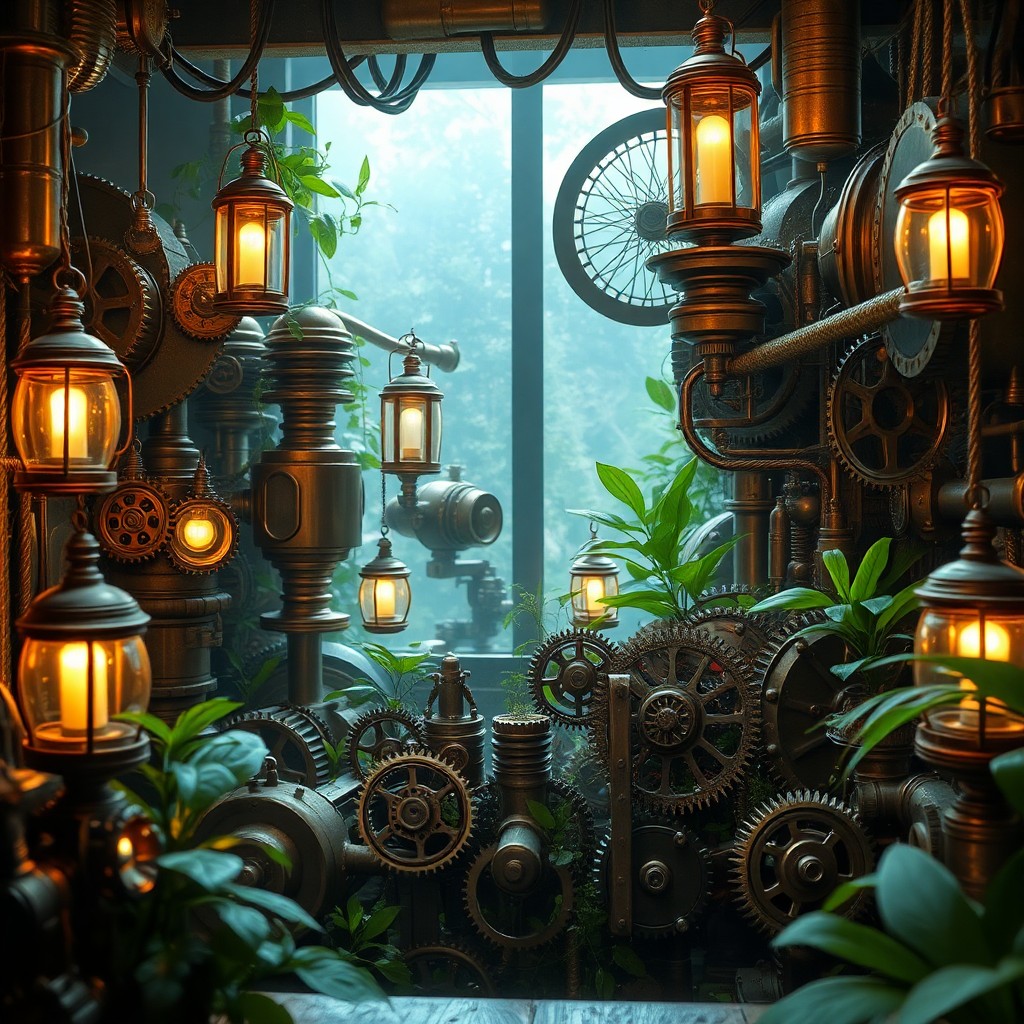 AI generated art for prompt: Imagine a mesmerizing steampunk-inspired scene depicting an inventor's workshop, filled with complex