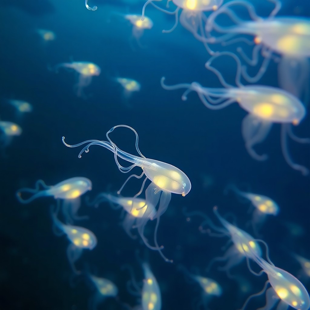 AI generated art for prompt: A tranquil underwater scene reminiscent of an impressionist painting; bioluminescent creatures with 