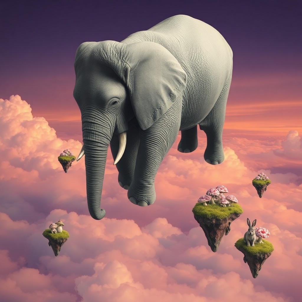 AI generated art for prompt: Imagine a surreal dreamscape where an enormous elephant gracefully drifts through a sky filled with 