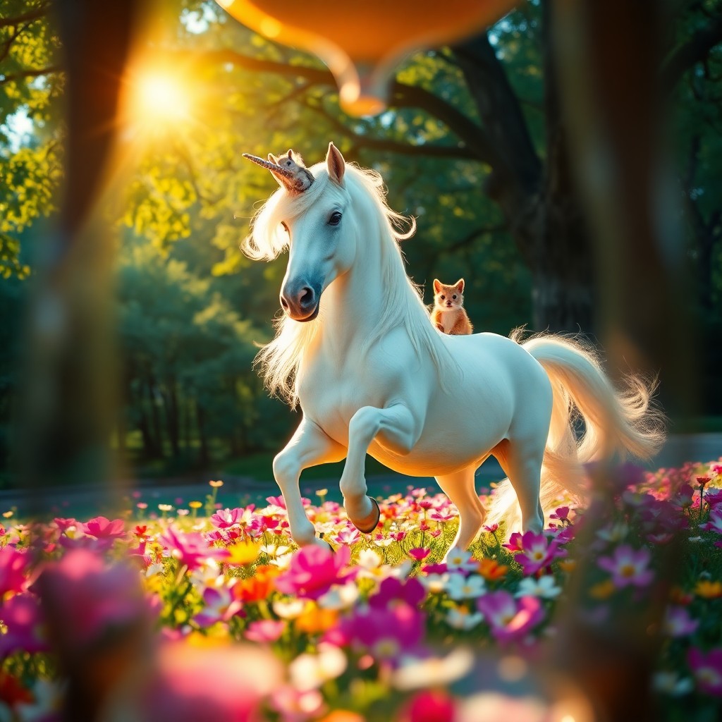 AI generated art for prompt: In the magical style reminiscent of classic fairy tales, depict an image where a regal unicorn stand