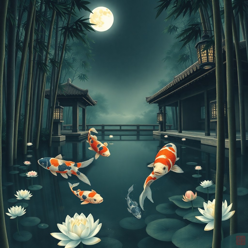 AI generated art for prompt: Envision a tranquil moonlit evening in an abundant Japanese bamboo forest, captured from an intimate