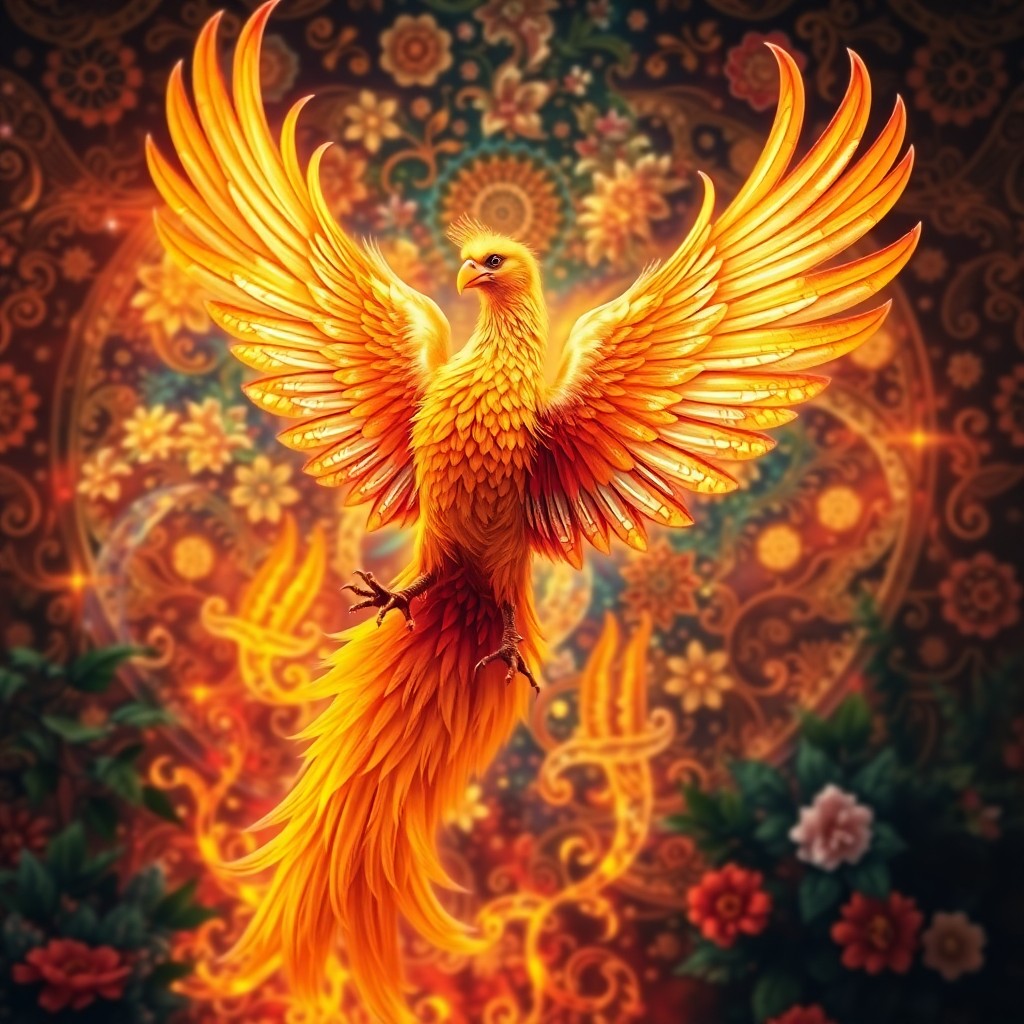 AI generated art for prompt: A captivating digital artwork portrays an awe-inspiring phoenix ascending from a fiery background ad