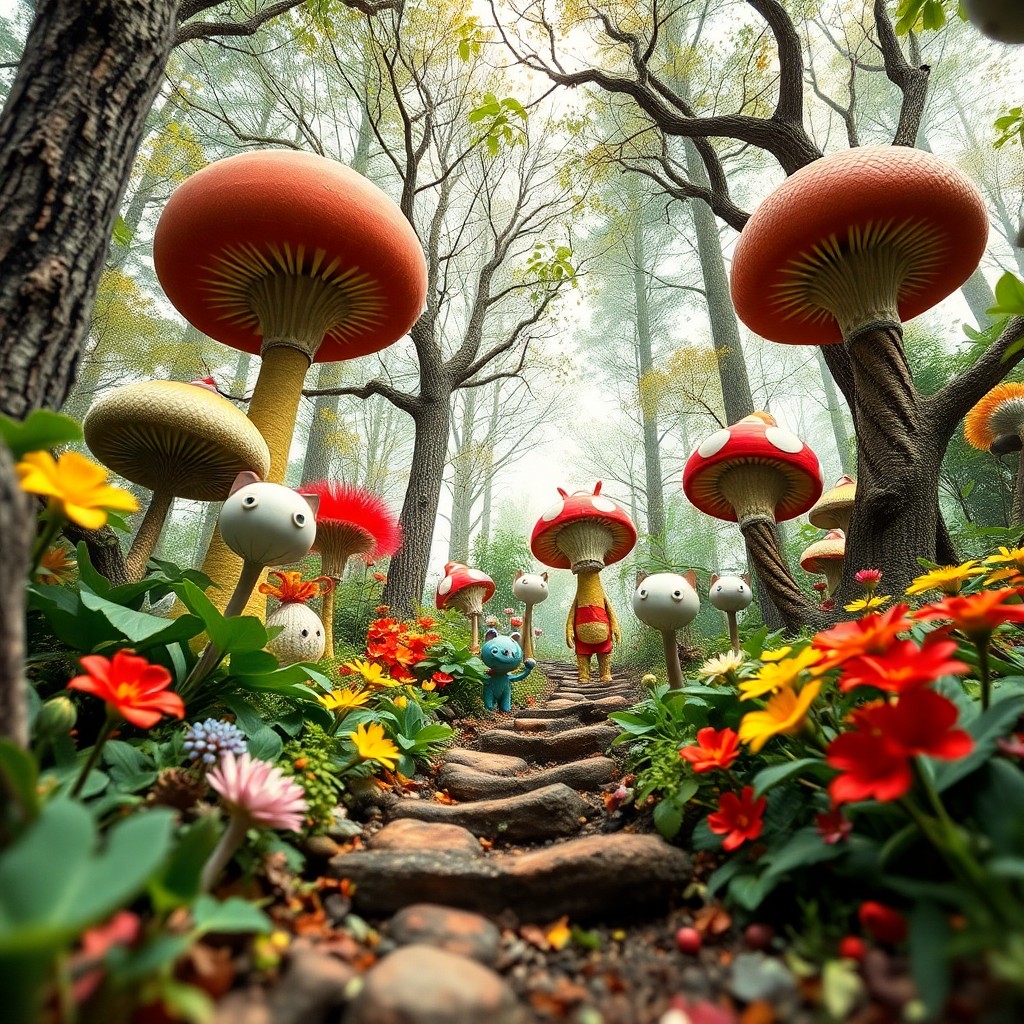 AI generated art for prompt: Craft an image in the whimsical style of Dr. Seuss, depicting a fantastical forest scene from a low-