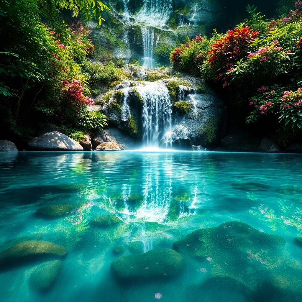 AI generated art for prompt: Imagine a mesmerizing digital artwork depicting a tranquil waterfall flowing into a pristine pool, s