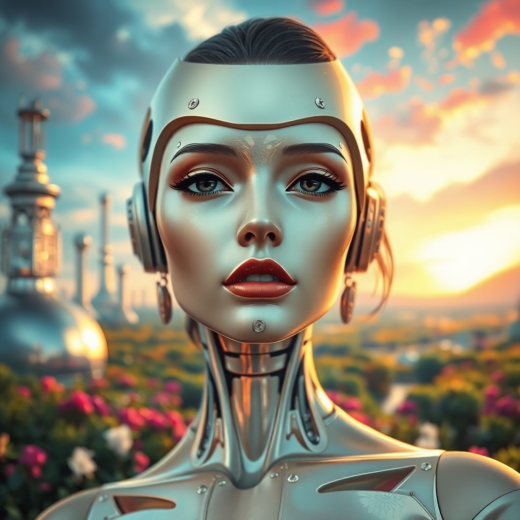 AI generated art for prompt: A portrait that marries Art Deco elegance with dreamy impressionism captures an enigmatic android wo