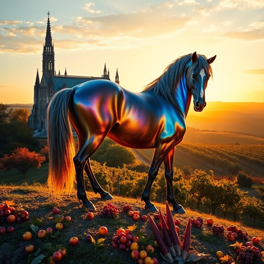 AI generated art for prompt: Imagine an enchanting autumnal scene under golden hour light, where a regal equine creature stands a