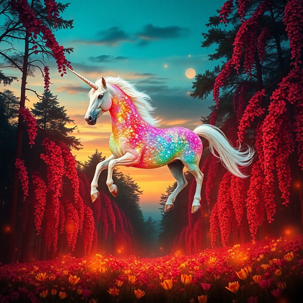 AI generated art for prompt: A captivating digital art scene portrays an awe-inspiring unicorn galloping through a magical forest