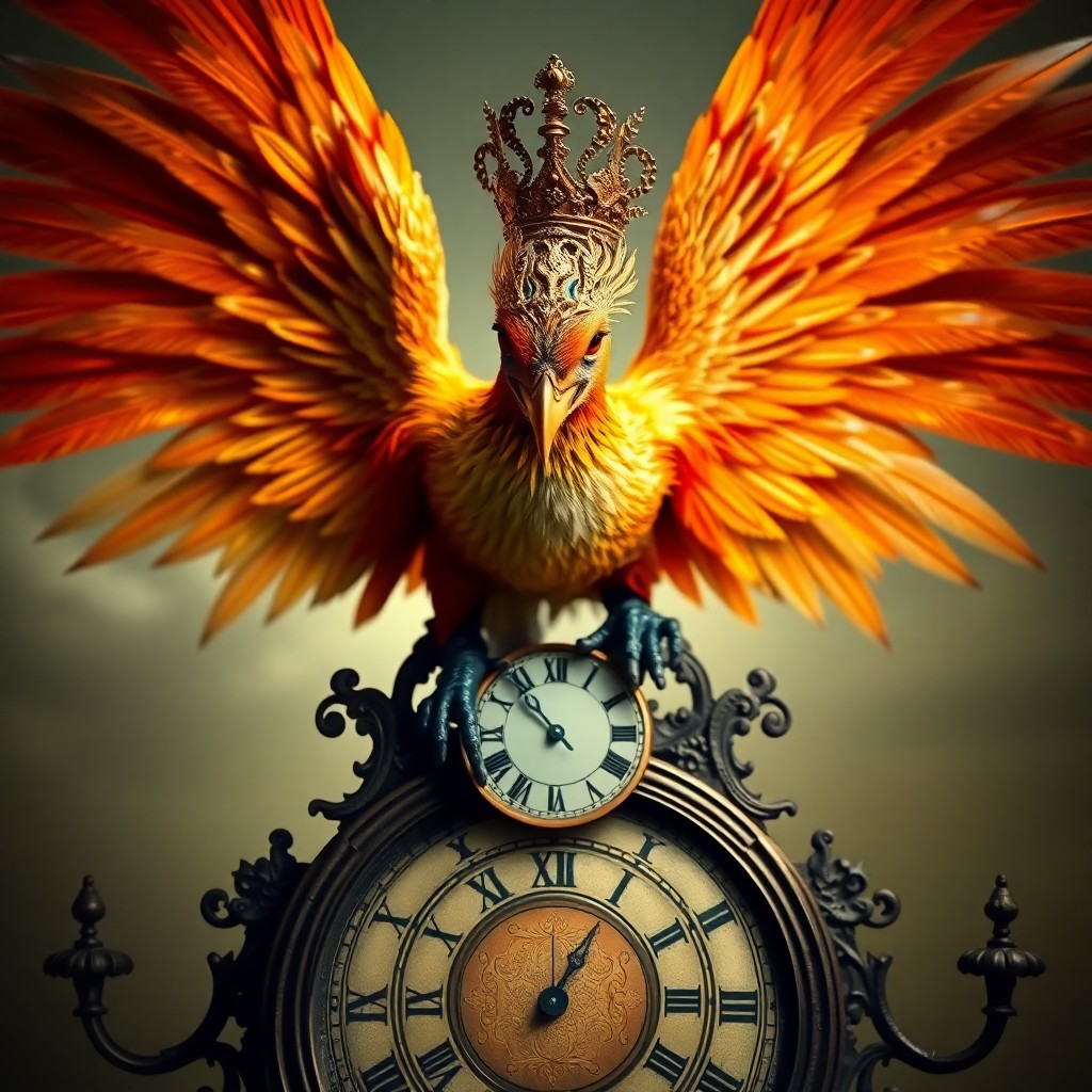 AI generated art for prompt: A surreal portrait depicting a majestic phoenix with iridescent feathers perched on an ornate timepi