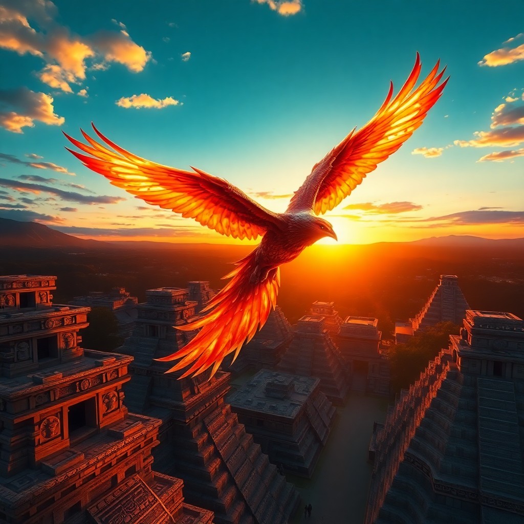 AI generated art for prompt: Visualize an awe-inspiring digital artwork featuring a magnificent phoenix soaring above a legendary