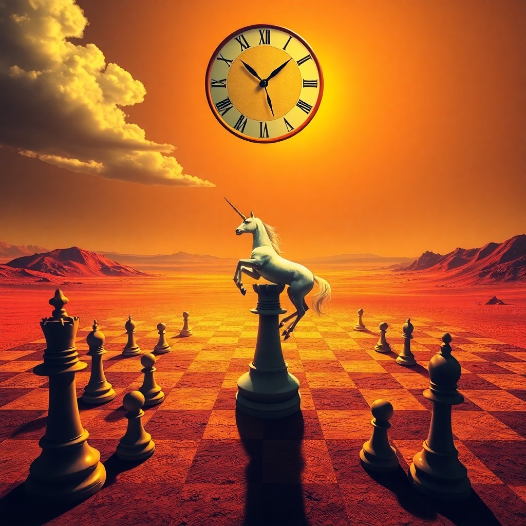 AI generated art for prompt: Craft an image reminiscent of Salvador Dali's surrealist masterpieces, depicting a chessboard stretc