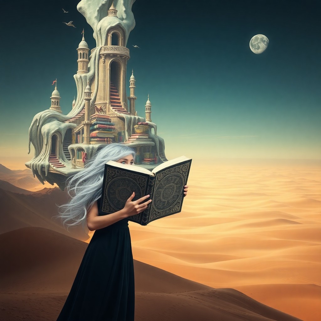 AI generated art for prompt: Craft an image in the surrealistic style, depicting a dreamlike library hovering above a vast desert