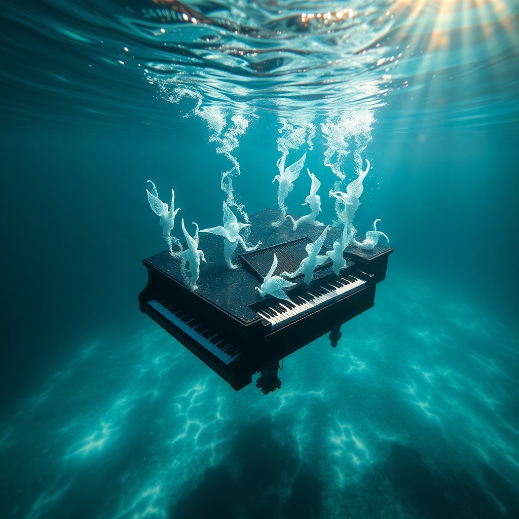 AI generated art for prompt: A mesmerizing underwater scene captures the viewer's imagination with a grand piano submerged in an 