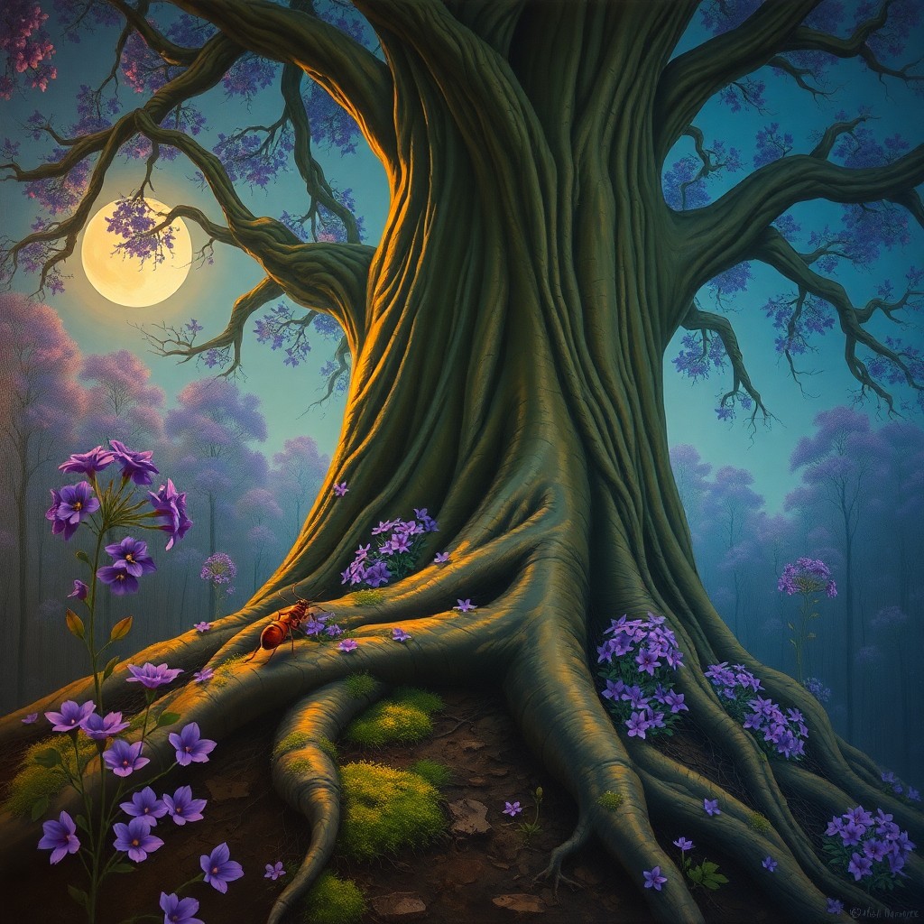 AI generated art for prompt: A surreal oil painting captures the tranquil beauty of a moonlit forest, with vibrant flowers bloomi