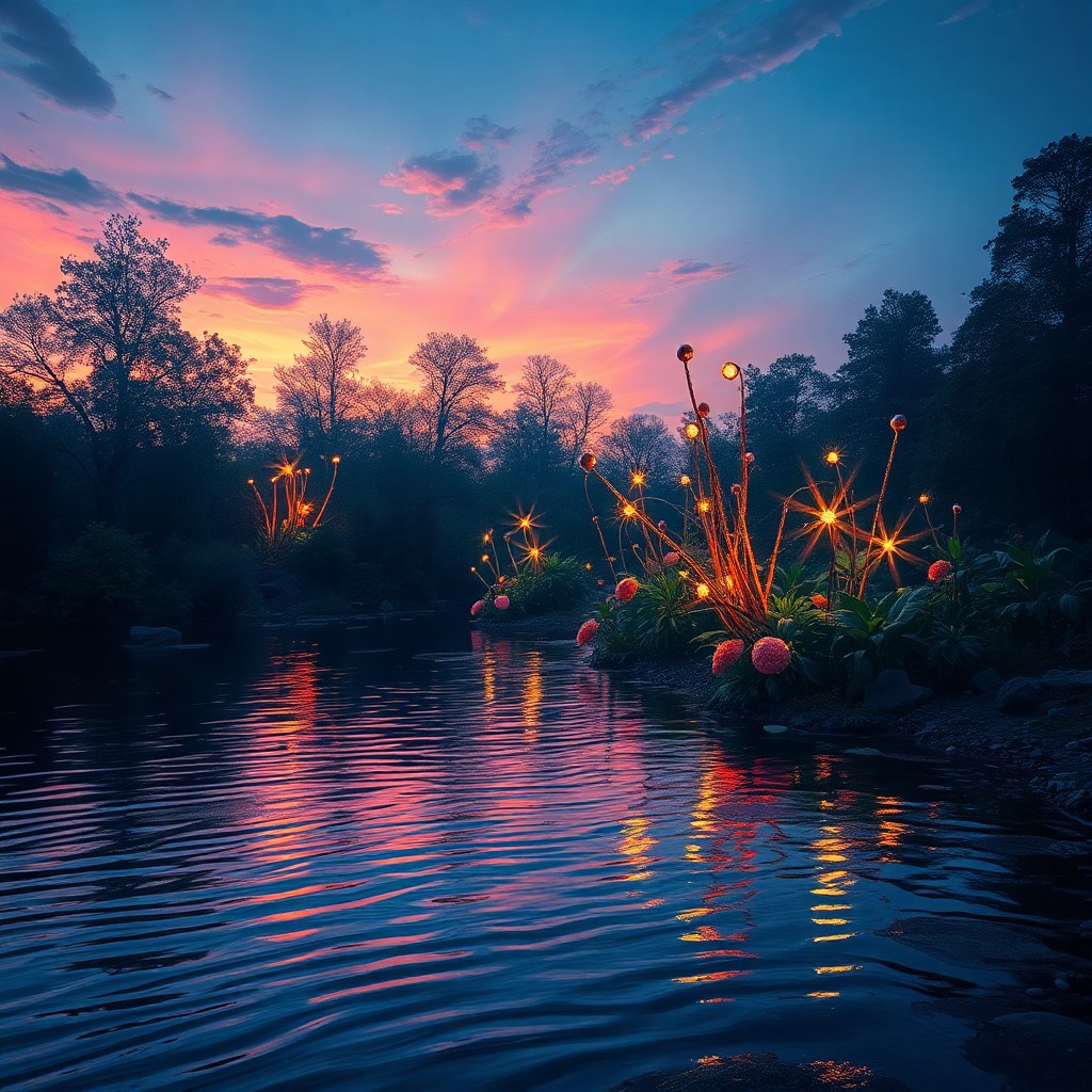 AI generated art for prompt: Visualize an enchanting twilight landscape where an Impressionistic riverbank reminiscent of Monet's