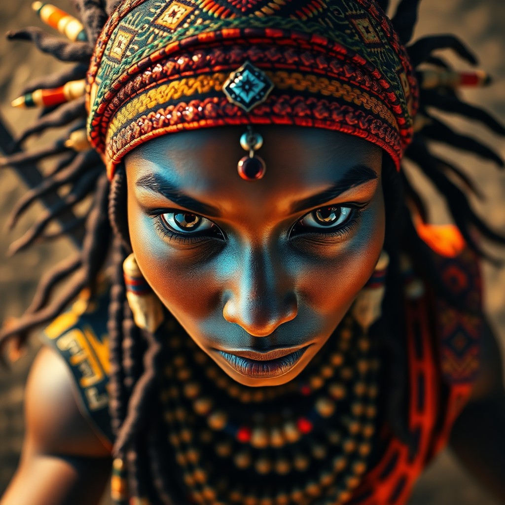 AI generated art for prompt: Craft an enthralling digital art portrait of a valiant warrior woman adorned with intricate tribal p